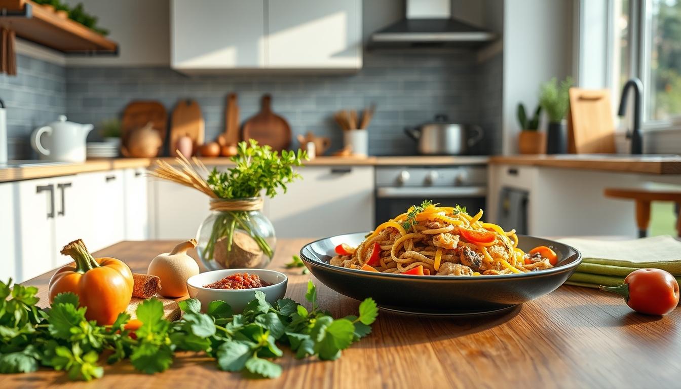 Balanced healthy meal prepared in a home kitchen